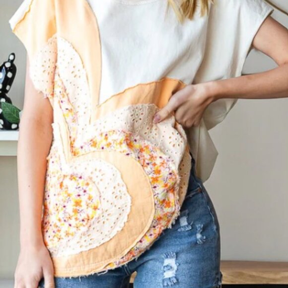 OHSLH Oli&Hali WASHED HEART DETAIL PATCHWORK SHORT SLEEVE TOP - Picture 4 of 5